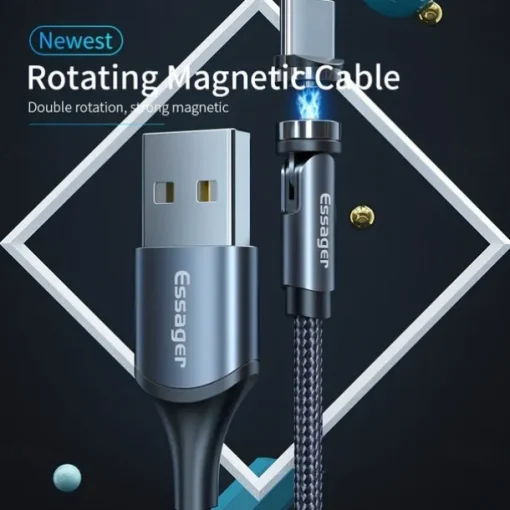 Essager Magnetic Charging Cable 540 Rotating Magnetic Phone Charger Nylon Braided Magnetic USB Cable For Phone Samsung Xiaomi Fast Charger Cord Phone Data Wire 3 In1