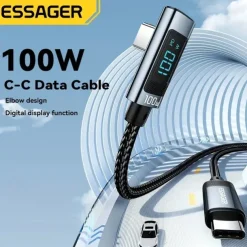 Essager 100W USB C To USB C Fast Charger 90 Degree Angle Charging Cable Display 5A Fast Charging USB C Data Cord