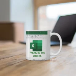 Excel Mug, Funny Office Ceramic Coffee Cup 330ml/12oz, Spreadsheet Themed White Collar Gift for Coworker, Analyst, Accountant, Boss, Work Desk Decor