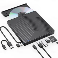 External CD DVD Drive 7 in 1 Ultra Slim CD Burner USB 3.0 with 4 USB Ports and 2 TF/SD Card Slots Optical Disk Drive for Laptop Mac PC Windows 11/10/8/7 Linux OS