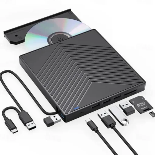 External CD DVD Drive 7 in 1 Ultra Slim CD Burner USB 3.0 with 4 USB Ports and 2 TF/SD Card Slots Optical Disk Drive for Laptop Mac PC Windows 11/10/8/7 Linux OS