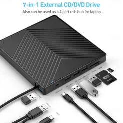 External CD DVD Drive 7 in 1 Ultra Slim CD Burner USB 3.0 with 4 USB Ports and 2 TF/SD Card Slots Optical Disk Drive for Laptop Mac PC Windows 11/10/8/7 Linux OS