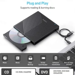 External CD DVD Drive 7 in 1 Ultra Slim CD Burner USB 3.0 with 4 USB Ports and 2 TF/SD Card Slots Optical Disk Drive for Laptop Mac PC Windows 11/10/8/7 Linux OS