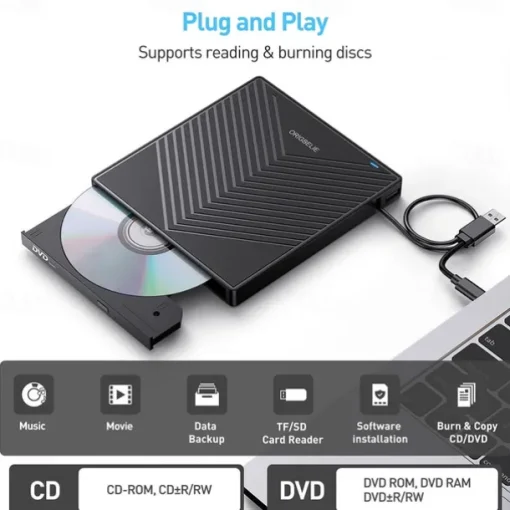 External CD DVD Drive 7 in 1 Ultra Slim CD Burner USB 3.0 with 4 USB Ports and 2 TF/SD Card Slots Optical Disk Drive for Laptop Mac PC Windows 11/10/8/7 Linux OS