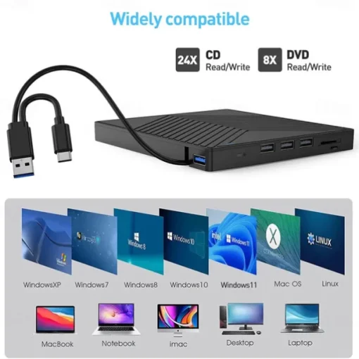 External CD DVD Drive 7 in 1 Ultra Slim CD Burner USB 3.0 with 4 USB Ports and 2 TF/SD Card Slots Optical Disk Drive for Laptop Mac PC Windows 11/10/8/7 Linux OS