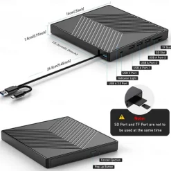 External CD DVD Drive 7 in 1 Ultra Slim CD Burner USB 3.0 with 4 USB Ports and 2 TF/SD Card Slots Optical Disk Drive for Laptop Mac PC Windows 11/10/8/7 Linux OS