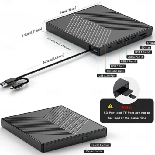 External CD DVD Drive 7 in 1 Ultra Slim CD Burner USB 3.0 with 4 USB Ports and 2 TF/SD Card Slots Optical Disk Drive for Laptop Mac PC Windows 11/10/8/7 Linux OS