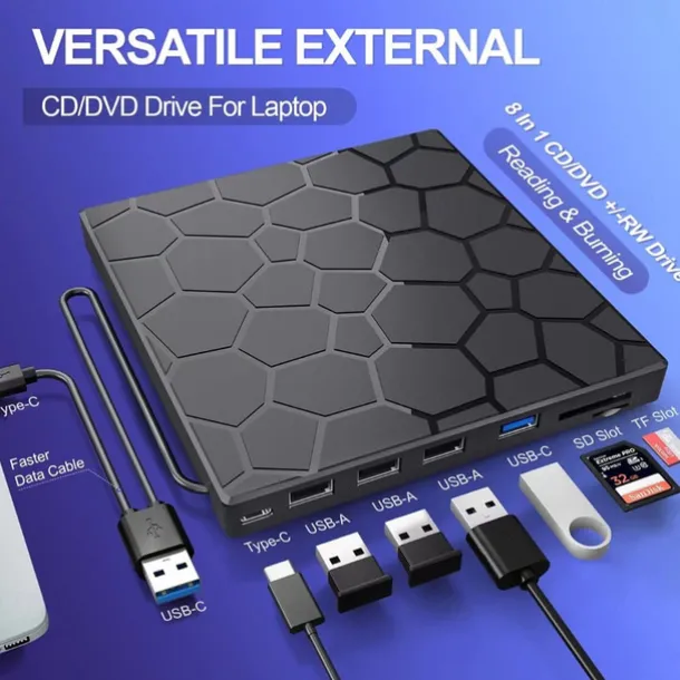 External CD/DVD Drive for Laptop, DVD Player for Laptop 8 in 1 USB 3.0 Ultra-Slim Portable CD Burner External Disk Drive Optical Compatible with Laptop Desktop