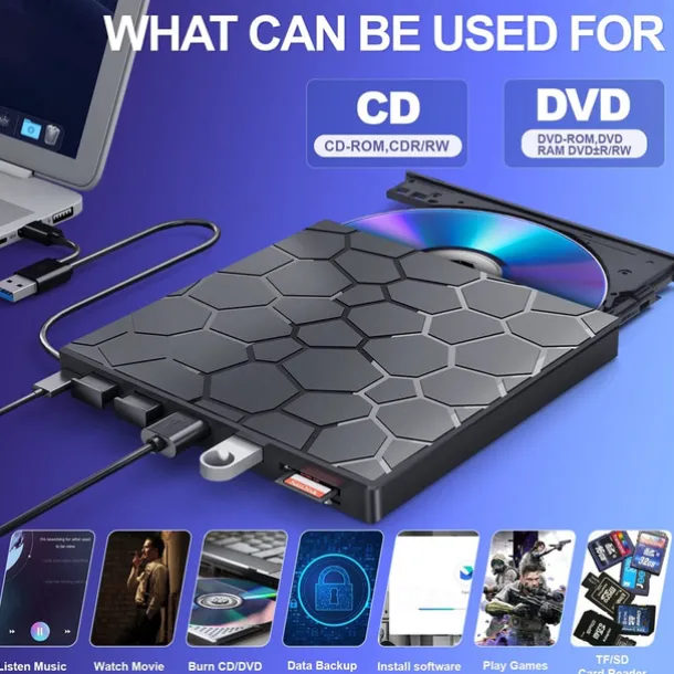 External CD/DVD Drive for Laptop, DVD Player for Laptop 8 in 1 USB 3.0 Ultra-Slim Portable CD Burner External Disk Drive Optical Compatible with Laptop Desktop