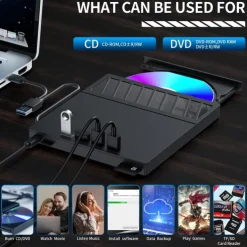External CD/DVD Drive for Laptop 7 in 1 USB Ultra-Slim Portable CD/DVD Player Burner Compatible with External DVD Player for Laptop