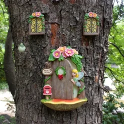 Fairy Door and Windows for Tree, 4 pcs, Glow in the Dark Fairy Garden Miniature Accessories for Tree Stump Decor, Resin Fairy House Kit with Fairy Lantern for Gnome, Outdoor Yard, Lawn, Garden Decor