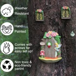 Fairy Door and Windows for Tree, 4 pcs, Glow in the Dark Fairy Garden Miniature Accessories for Tree Stump Decor, Resin Fairy House Kit with Fairy Lantern for Gnome, Outdoor Yard, Lawn, Garden Decor
