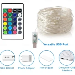 Fairy Lights 100 LED 33 FT Christmas Lights USB Plug 16 Colors Changing Silver Wire Firefly Lights with IR24 Key Remote Control for Indoor Party Halloween Christmas