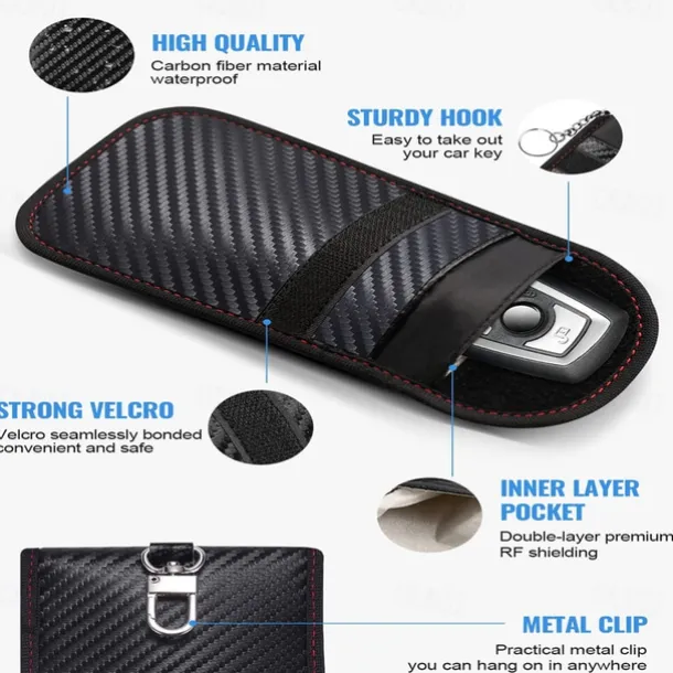 Faraday Bag for Key Fob(2 Pack) Faraday Cage Protector Car RFID Signal Blocking Key Fob Protector Double-Layers of Shielding Carbon Fiber Material Anti-Theft Faraday Pouch