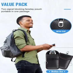 Faraday Bag for Key Fob(2 Pack) Faraday Cage Protector Car RFID Signal Blocking Key Fob Protector Double-Layers of Shielding Carbon Fiber Material Anti-Theft Faraday Pouch