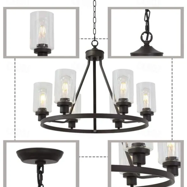 Farmhouse Chandelier 6 Light 25" Black Truck Wheel Pendant Light Round Kitchen Island Lamp for Dining Room Kitchen Bedroom Living Room Foyer Hallway 110-240V