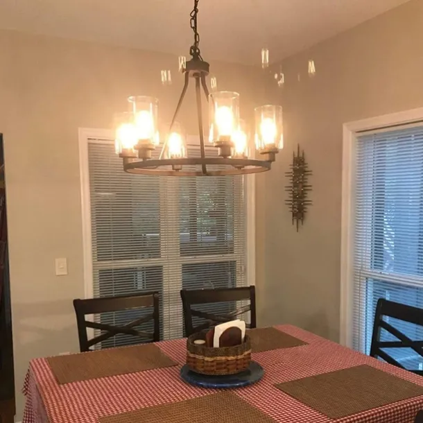 Farmhouse Chandelier 6 Light 25" Black Truck Wheel Pendant Light Round Kitchen Island Lamp for Dining Room Kitchen Bedroom Living Room Foyer Hallway 110-240V