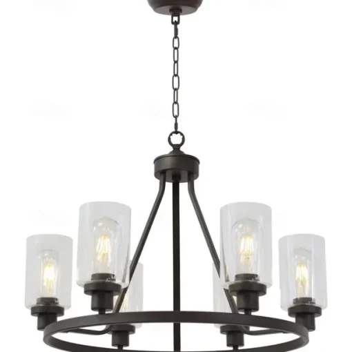 Farmhouse Chandelier 6 Light 25" Black Truck Wheel Pendant Light Round Kitchen Island Lamp for Dining Room Kitchen Bedroom Living Room Foyer Hallway 110-240V