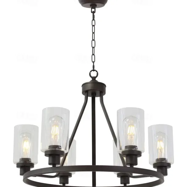 Farmhouse Chandelier 6 Light 25" Black Truck Wheel Pendant Light Round Kitchen Island Lamp for Dining Room Kitchen Bedroom Living Room Foyer Hallway 110-240V