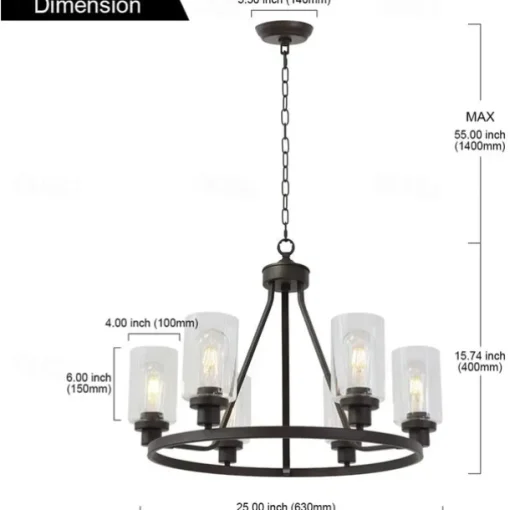 Farmhouse Chandelier 6 Light 25" Black Truck Wheel Pendant Light Round Kitchen Island Lamp for Dining Room Kitchen Bedroom Living Room Foyer Hallway 110-240V
