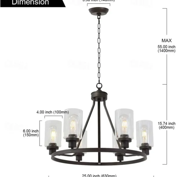 Farmhouse Chandelier 6 Light 25" Black Truck Wheel Pendant Light Round Kitchen Island Lamp for Dining Room Kitchen Bedroom Living Room Foyer Hallway 110-240V