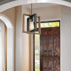 Farmhouse Small Pendant Light 1 Head 4 Head Fixture Kitchen Island Hanging Lamp with Cord Black Finish Wood Frame Chandelier for Hallway Entryway Closet Bedroom AC110V AC220V E27 Bulb