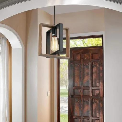 Farmhouse Small Pendant Light 1 Head 4 Head Fixture Kitchen Island Hanging Lamp with Cord Black Finish Wood Frame Chandelier for Hallway Entryway Closet Bedroom AC110V AC220V E27 Bulb