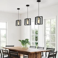 Farmhouse Small Pendant Light 1 Head 4 Head Fixture Kitchen Island Hanging Lamp with Cord Black Finish Wood Frame Chandelier for Hallway Entryway Closet Bedroom AC110V AC220V E27 Bulb