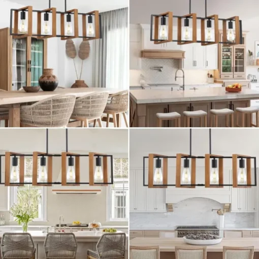 Farmhouse Small Pendant Light 1 Head 4 Head Fixture Kitchen Island Hanging Lamp with Cord Black Finish Wood Frame Chandelier for Hallway Entryway Closet Bedroom AC110V AC220V E27 Bulb