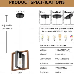 Farmhouse Small Pendant Light 1 Head 4 Head Fixture Kitchen Island Hanging Lamp with Cord Black Finish Wood Frame Chandelier for Hallway Entryway Closet Bedroom AC110V AC220V E27 Bulb