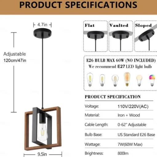 Farmhouse Small Pendant Light 1 Head 4 Head Fixture Kitchen Island Hanging Lamp with Cord Black Finish Wood Frame Chandelier for Hallway Entryway Closet Bedroom AC110V AC220V E27 Bulb