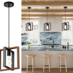 Farmhouse Small Pendant Light 1 Head 4 Head Fixture Kitchen Island Hanging Lamp with Cord Black Finish Wood Frame Chandelier for Hallway Entryway Closet Bedroom AC110V AC220V E27 Bulb