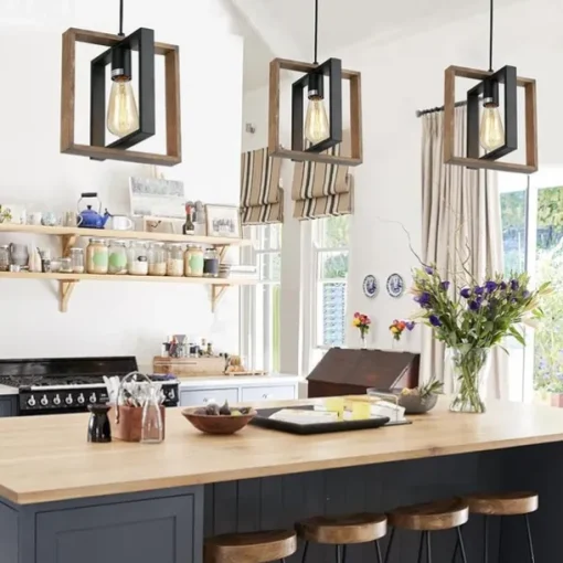 Farmhouse Small Pendant Light 1 Head 4 Head Fixture Kitchen Island Hanging Lamp with Cord Black Finish Wood Frame Chandelier for Hallway Entryway Closet Bedroom AC110V AC220V E27 Bulb