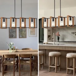 Farmhouse Small Pendant Light 1 Head 4 Head Fixture Kitchen Island Hanging Lamp with Cord Black Finish Wood Frame Chandelier for Hallway Entryway Closet Bedroom AC110V AC220V E27 Bulb