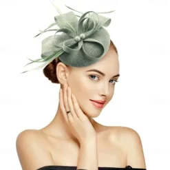 Fascinators for Women Tea Party Hat Handmade Headband Pillbox Derby Hat fFr Wedding Church Bridal Cocktail Feathers Hair Clip (Bean Green)
