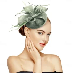 Fascinators for Women Tea Party Hat Handmade Headband Pillbox Derby Hat fFr Wedding Church Bridal Cocktail Feathers Hair Clip (Bean Green)