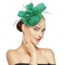 Fascinators for Women Tea Party Hat Handmade Headband Pillbox Derby Hat fFr Wedding Church Bridal Cocktail Feathers Hair Clip (Bean Green)