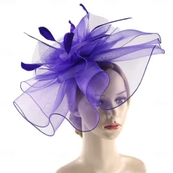 Fascinators Hats Headwear Organza Fedora Hat Top Hat Veil Hat Horse Race Cocktail Elegant Retro With Feather Pure Color Headpiece Headwear