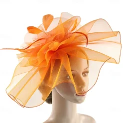 Fascinators Hats Headwear Organza Fedora Hat Top Hat Veil Hat Horse Race Cocktail Elegant Retro With Feather Pure Color Headpiece Headwear