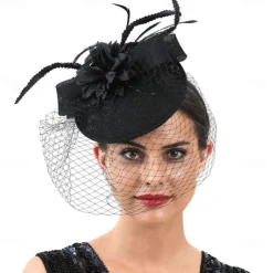 Fascinators Hats Headwear Polyester Fedora Hat Top Hat Veil Hat Horse Race Cocktail Elegant Vintage With Feather Pure Color Headpiece Headwear