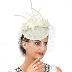 Fascinators Hats Headwear Polyester Fedora Hat Top Hat Veil Hat Horse Race Cocktail Elegant Vintage With Feather Pure Color Headpiece Headwear