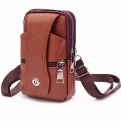 Fashion Men Leather Waist Bag Multifunction Fanny Pack Large Capacity Belt BagBrown Shoulder Bags Crossbody BagsMulti-layer buckle mobile phone bag