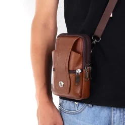 Fashion Men Leather Waist Bag Multifunction Fanny Pack Large Capacity Belt BagBrown Shoulder Bags Crossbody BagsMulti-layer buckle mobile phone bag