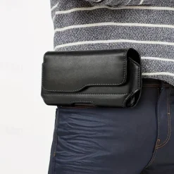 Fashion Men's Horizontal Leather Belt Case Holster Pouch Sleeve Phone Holder Bum Bag Male Casual Travel Outdoor Waist Pack Bag