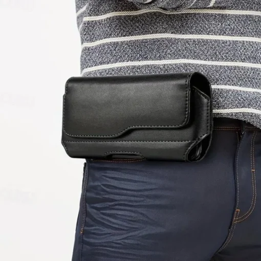 Fashion Men's Horizontal Leather Belt Case Holster Pouch Sleeve Phone Holder Bum Bag Male Casual Travel Outdoor Waist Pack Bag