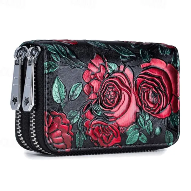 Fashion RFID Women Card Holder Split Leather Double Zipper Card Case Large Capacity 3D Flower Printed Lady Women Wallets Purse