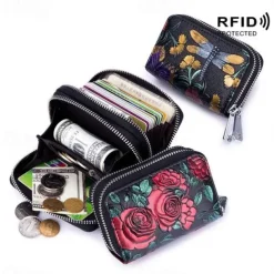 Fashion RFID Women Card Holder Split Leather Double Zipper Card Case Large Capacity 3D Flower Printed Lady Women Wallets Purse