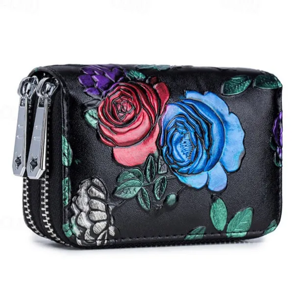 Fashion RFID Women Card Holder Split Leather Double Zipper Card Case Large Capacity 3D Flower Printed Lady Women Wallets Purse