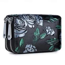 Fashion RFID Women Card Holder Split Leather Double Zipper Card Case Large Capacity 3D Flower Printed Lady Women Wallets Purse