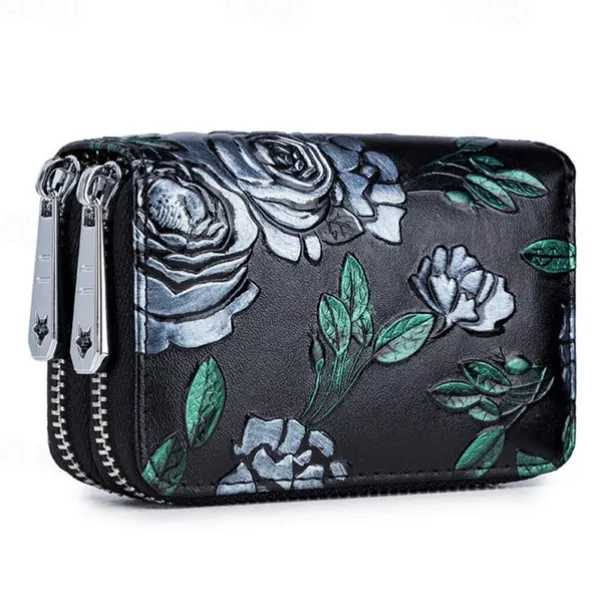 Fashion RFID Women Card Holder Split Leather Double Zipper Card Case Large Capacity 3D Flower Printed Lady Women Wallets Purse